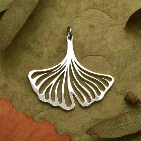 A4155 Biloba Tree Fossil Charm Sterling Silver Ginko Leaf Charm