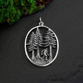 Sterling Silver Bigfoot in the Forest Pendant 33x22mm