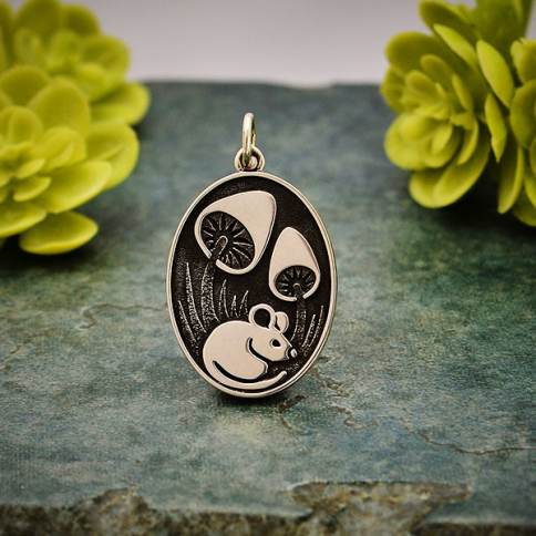 Sterling Silver Silver Mouse Pendant with Mushrooms