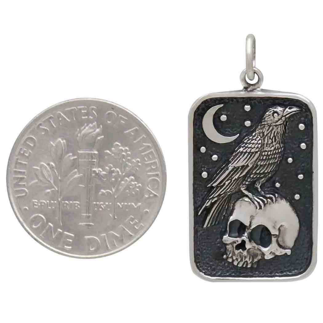 Sterling Silver Skull and Raven Pendant 29x15mm