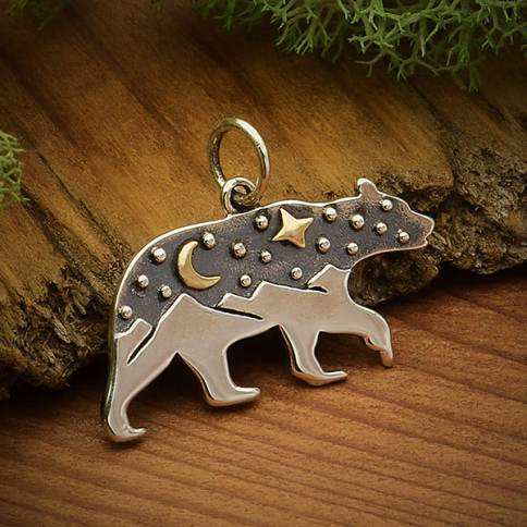 Silver Bear and Mountain Pendant with Bronze Star 26x20mm
