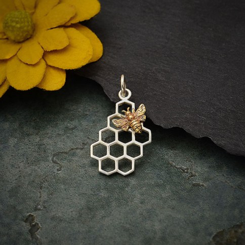 Silver Honeycomb Ring with Bronze Bee