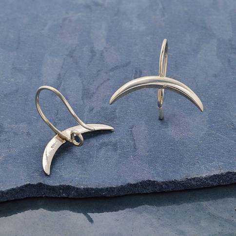 Sterling Silver Ear Hooks with Ridged Crescent Moon