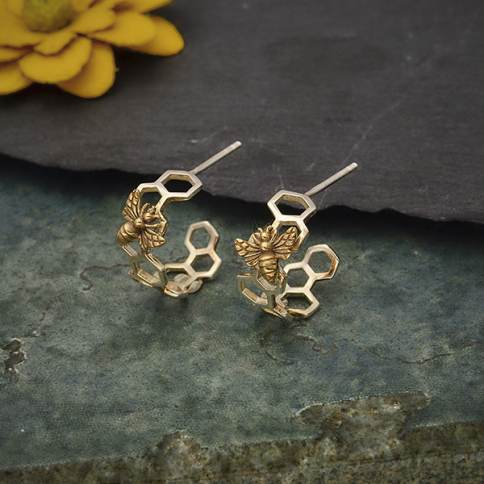  Silver Honeycomb Hoop Huggie Earring with Bronze Bee 17x15mm