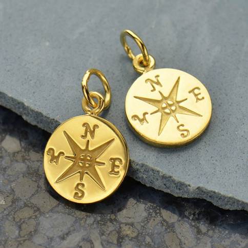 14K Shiny Gold Plated Compass Charm