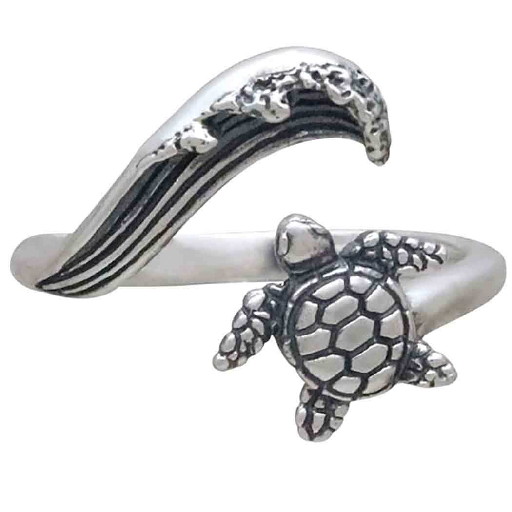 Sterling Silver Sea Turtle and Wave Adjustable Ring