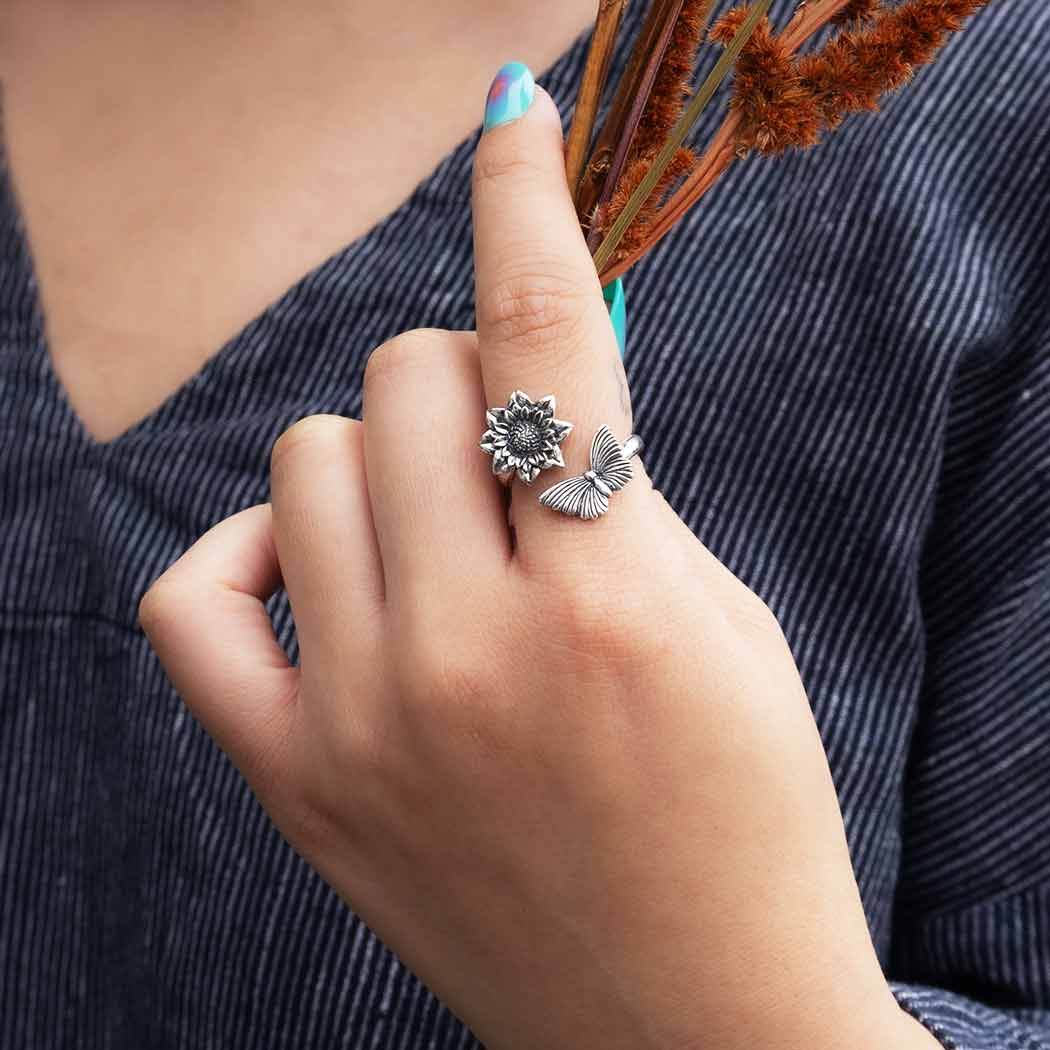 Sterling Silver Adjustable Ring - Flower and Bee Ring