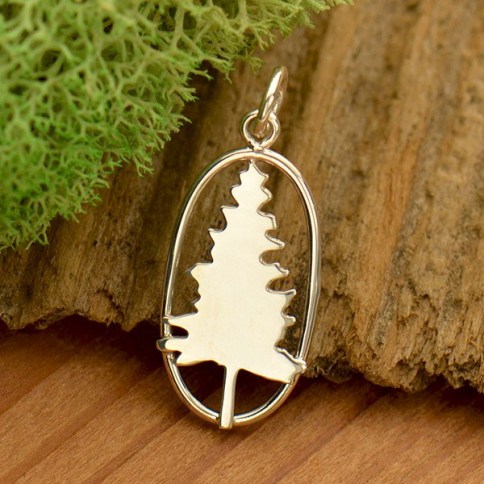 Sterling Silver Pine Tree Charm with Bronze Moon