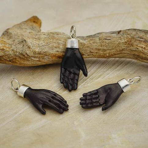 Carved Black Wood Hand Pendant with Silver Bail 27x11mm