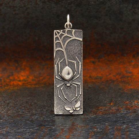 Sterling Silver Spider Pendant on Rectangle 37x10mm