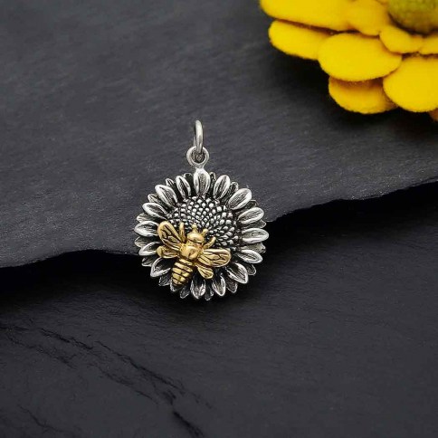Sterling Silver 18 Inch Sunflower Necklace with Bronze Bee