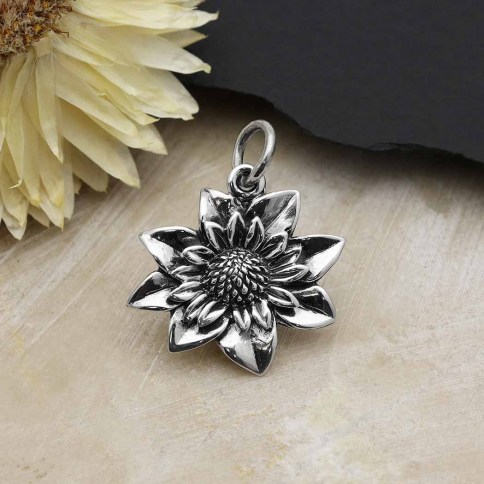 Sterling Silver Dahlia Pendant with Leaves 23x15mm