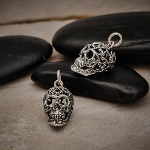 Sterling Silver Sugar Skull Charm with Filigree Scroll Work