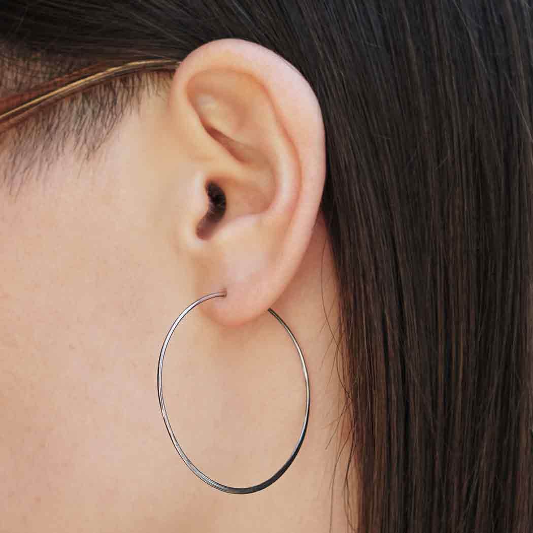 Sterling Silver Hoop Earrings - Large Hoop Shape with Flat Edge