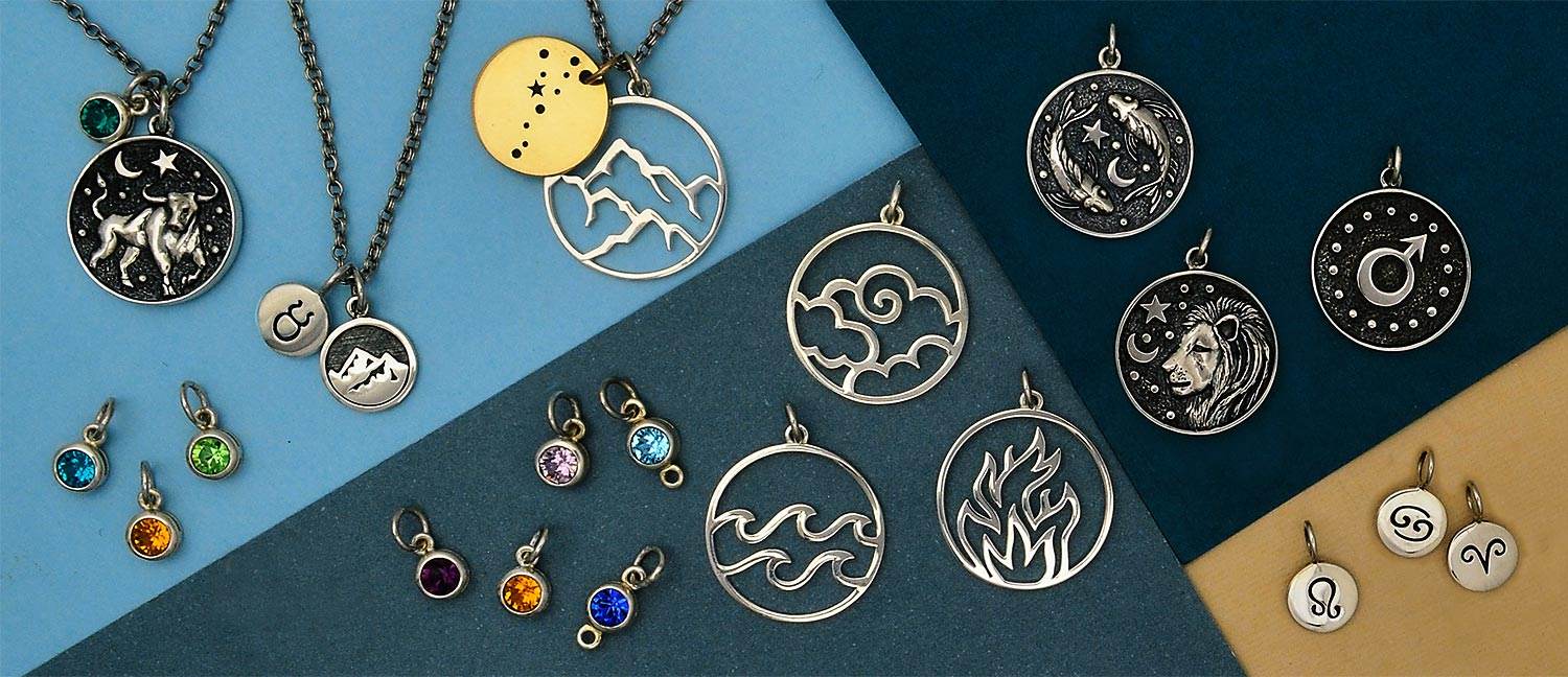 Four Elements Earth, Air, Water, Fire Symbols Charm AntiqueSilver